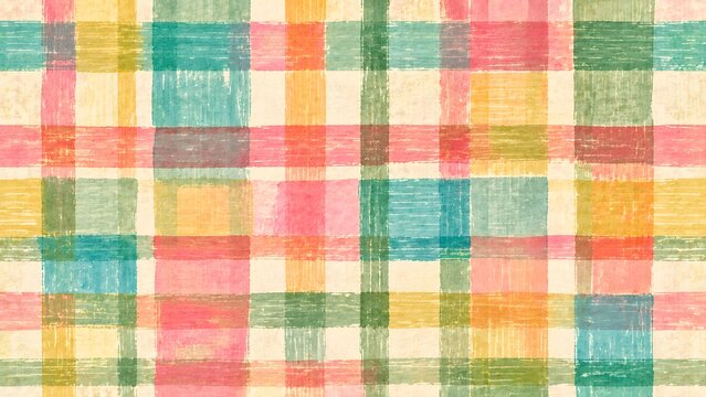 Seamless plaid pattern with a handdrawn watercolor texture in soft pastel colors like pink, yellow, teal, and green on a textured cream background