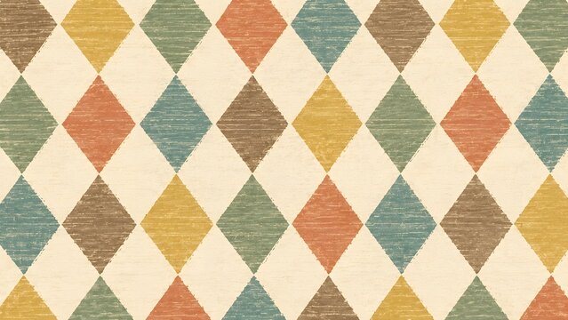 Vintage harlequin diamond pattern wallpaper with textured retro colors in muted tones of mustard yellow, teal blue, burnt orange, and earthy brown