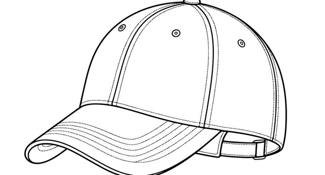 Classic baseball cap technical line art with visor panel stitching and editable vector outline