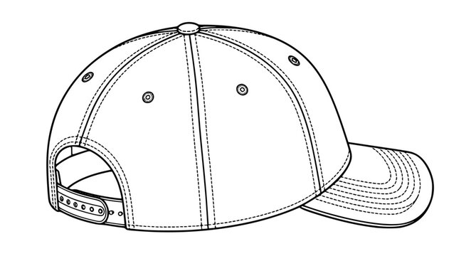 Classic baseball cap technical line art with visor panel stitching and editable vector outline