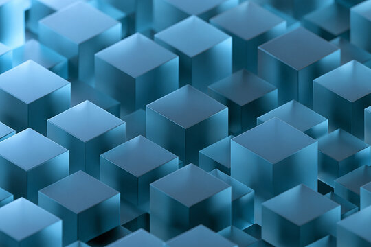 Abstract background of glowing blue cubes in a 3D grid pattern. Technology or data concept for digital design.