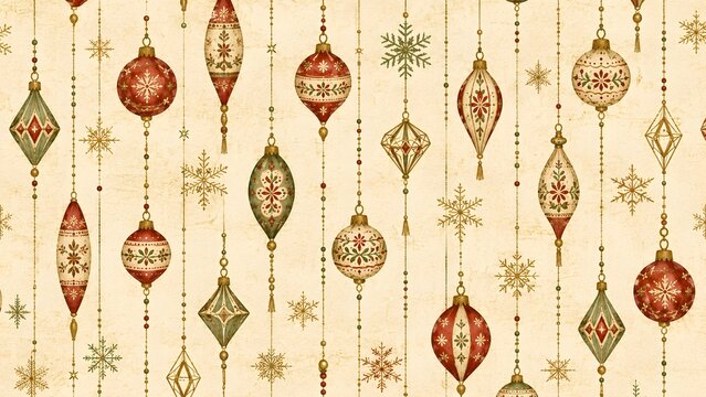 Vintage christmas ornaments and snowflakes seamless pattern on textured beige background