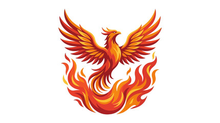 Naklejka premium Vibrant illustration of a majestic phoenix with outstretched wings rising powerfully from a bed of fiery orange and red flames.