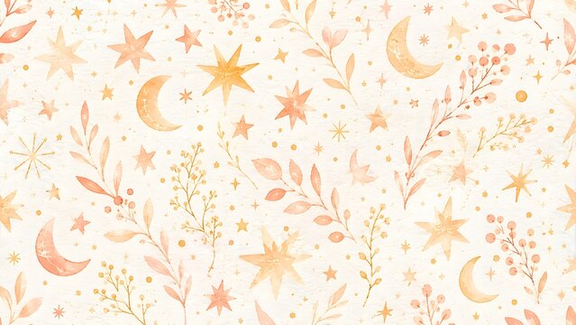 Seamless pattern with watercolor celestial elements, moon, stars, and botanical branches in soft pastel peach and orange tones