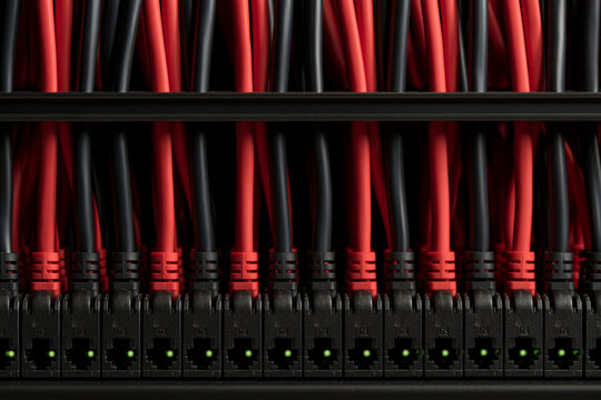 Red and black ethernet cables connected to a patch panel with active blinking green indicator lights. Ideal for IT network infrastructure and telecommunications technology.