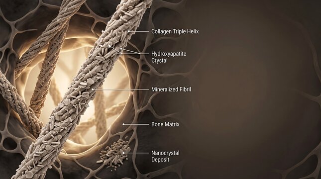3D medical illustration of bone matrix showing collagen triple helix and hydroxyapatite crystals