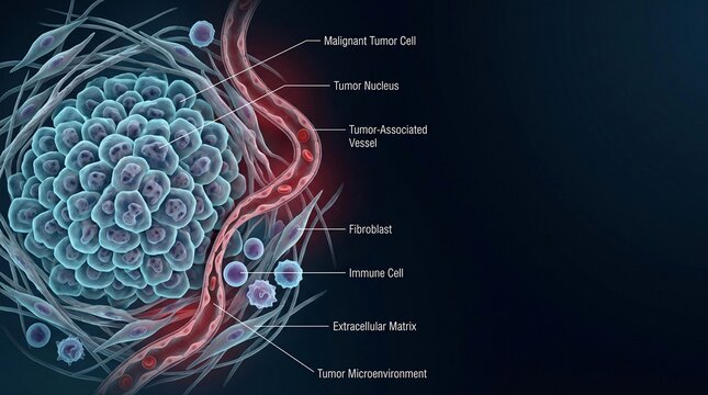 3D medical illustration of malignant tumor cells and microenvironment with blood vessels and fibroblasts