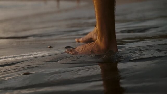 Bare feet standing on wet sand at sunset with gentle ocean waves flowing over skin.