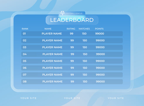 Modern blue gradient glassmorphism leaderboard UI template with translucent panels, player rankings, ratings, matches, points, and clean futuristic sports dashboard design.