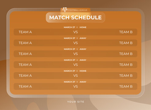 Modern orange gradient glassmorphism football match schedule UI template with translucent panels, team matchup rows, home and away fixtures, rounded cards, and clean sports dashboard styling.