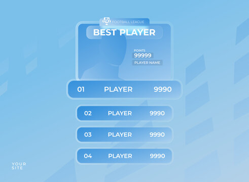 Modern blue gradient glassmorphism best player leaderboard UI template with translucent cards, featured player profile, points display, ranking rows, and futuristic football esports dashboard design.