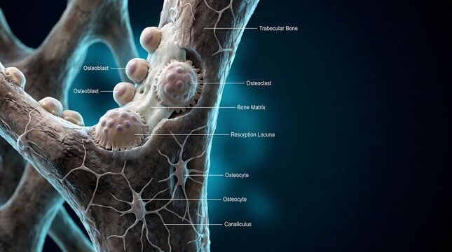 3D Medical Illustration of Bone Cells and Trabecular Structure with Osteoblasts and Osteoclasts