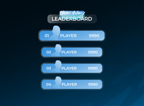 Dark blue glassmorphism giveaway leaderboard UI template with glowing blue player ranking cards, profile silhouettes, giveaway title, score display, and modern esports competition design.