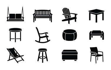 Fototapeta premium Outdoor Furniture Icons Set, Patio Seating Collection, Garden Lounge Vector Graphics, Black and White Design Elements
