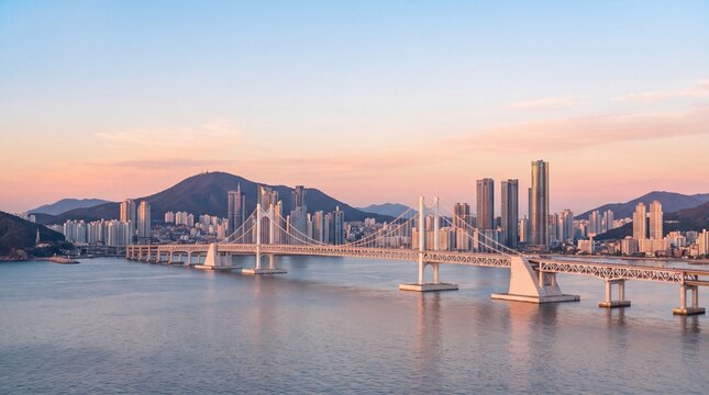 Gwangan Bridge and Haeundae aerial view at Sunrise, Busan, South Korea.