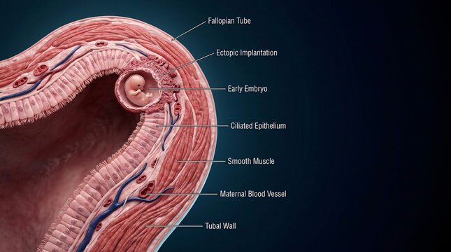 Medical illustration of ectopic pregnancy showing early embryo implantation in fallopian tube wall