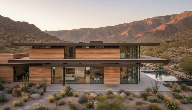 Wide exterior architectural photograph of a contemporary two story desert residence built from rammed earth walls in an arid mountain