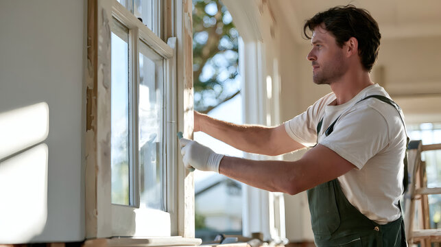 Handyman renovating window frame in a bright room. Male worker repairing and restoring wooden windows, wearing gloves and overalls. Home improvement and renovation concept.