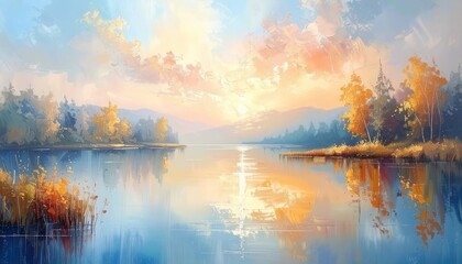 Fototapeta premium Breathtaking scenic oil painting style landscape featuring a calm reflective lake surrounded by autumn trees at sunset