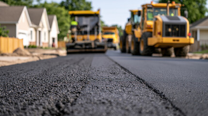 Naklejka premium Asphalt pavers and work trucks operate along a residential road while faceless crews coordinate resurfacing, bright daylight, clean houses and fencing in the background, organized road