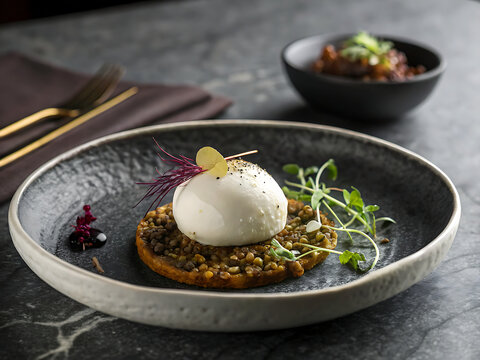 Molecular gastronomy Dahi Bhalla  spherical yogurt foam resting on a crispy lentil disc  garnished with gold leaf and microgreens