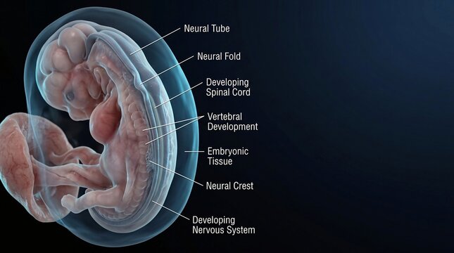 Medical illustration of human embryo development showing neural tube and spinal cord formation