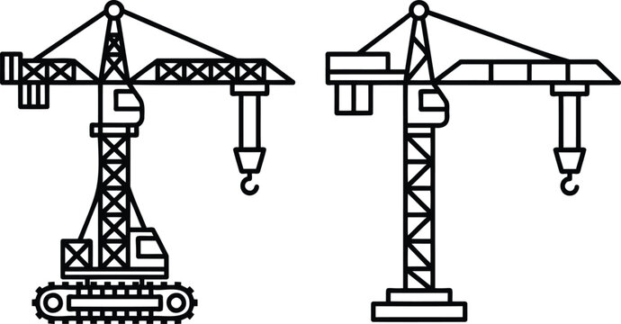 Two detailed black and white line art illustrations of construction cranes different models isolated on transparent background silhouette