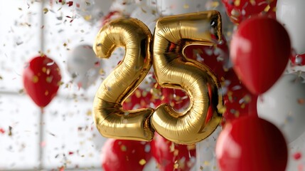 Naklejka premium Golden number 25 balloons with floating red and white balloons and colorful confetti celebrating a festive milestone or anniversary event indoors