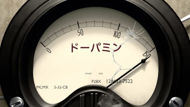 ドーパミンメーター - 報酬系が刺激され、ドーパミンの値が最大に達して振り切れる。