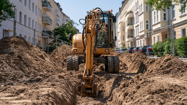 A generic wheeled excavator digs near residential apartment buildings behind metal safety barriers, bright sunny sky, clean urban infrastructure work and no logos or location identifiers,