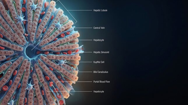 3D medical illustration of human hepatic lobule structure showing hepatocytes and hepatic sinusoids