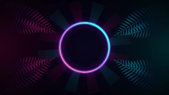 Neon glowing pink and blue circle frame with tropical leaves foliage seamless loop background