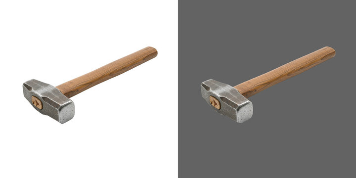 Heavy metal sledge hammer tool with a sturdy brown wooden handle