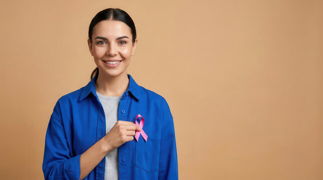 Portrait of smiling young woman holding pink breast cancer awareness ribbon over her heart on blue shirt, symbolizing hope, early detection, prevention, support, women's health and advocacy