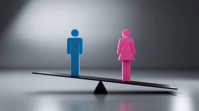 Conceptual illustration of gender balance with blue male and pink female icons on a tilted seesaw representing inequality or comparison in a minimalistic setting