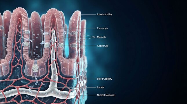3D medical illustration of intestinal villi showing enterocytes microvilli and blood capillary network
