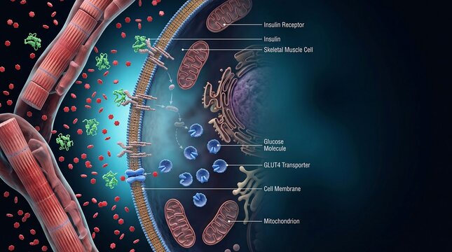 3D medical illustration of insulin receptor and glucose transport into skeletal muscle cell