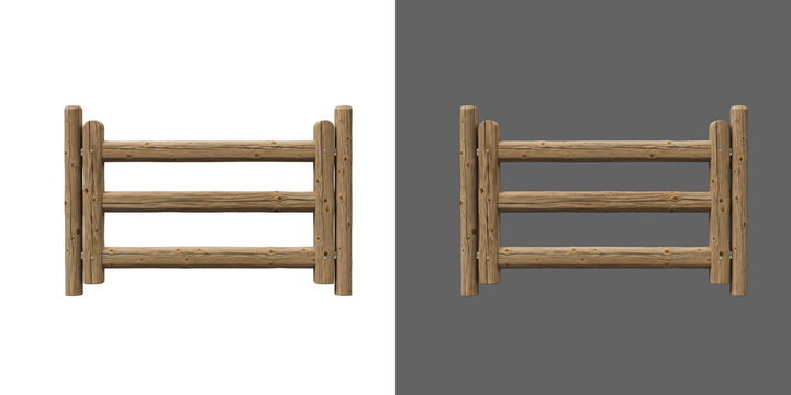 Rustic wooden fence section made of horizontal brown logs for outdoor garden design