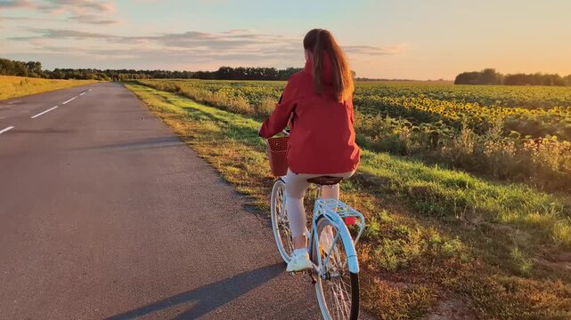 A woman rides a bicycle down a road surrounded by sunflower fields. The sky is clear, and the sun sets in the background, creating a warm atmosphere