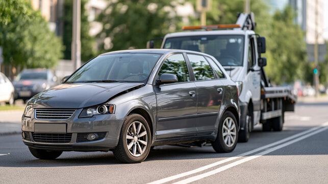A tow truck transports an accident-damaged passenger car along a city street, bright daylight, clean roadside setting, no logos and a clear vehicle recovery concept, car repair, vehicle
