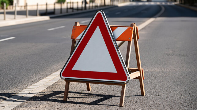 A generic temporary repair sign marks a section of a broad city street, bright clean daylight, simple barriers and open road perspective with no location identifiers, roadworks sign,