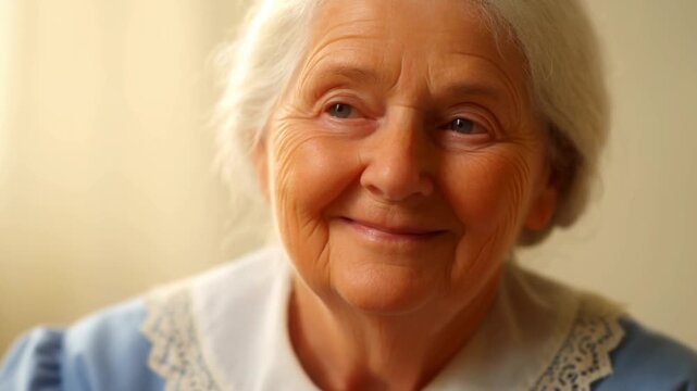 Elderly Woman Gazing Calmly in Warm Indoor Setting with Close Facial Portrait