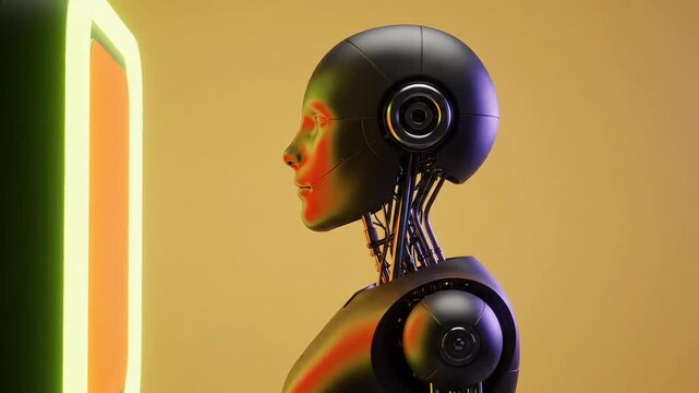 Black humanoid robot looking at a glowing illuminated screen