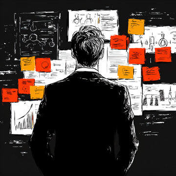 Businessman Standing Back Facing Strategy Wall Covered with Sticky Notes, Wireframes, Charts, and Mind Maps for Creative Problem Solving and Project Planning Illustration