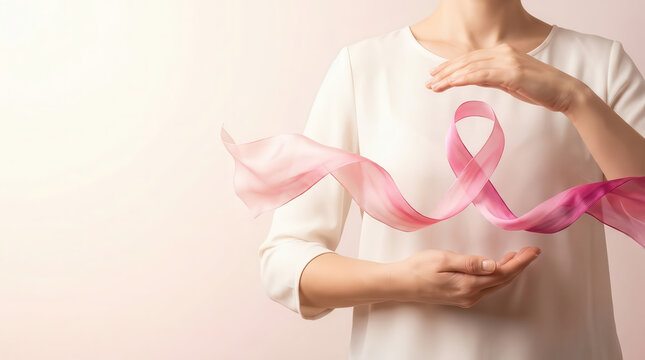 Woman holding flowing pink breast cancer awareness ribbon with copy space, symbolizing women's health, early detection, prevention, hope, support, advocacy, cancer awareness and medical care