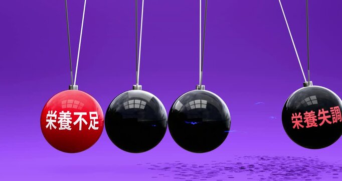 栄養不足と栄養失調 - ニュートンのゆりかごが示す因果関係。栄養不足が栄養失調を引き起こし、体が少しずつ蝕まれる。