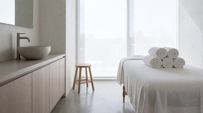Bright treatment room with cove lighting, massage table and towel, 3d render