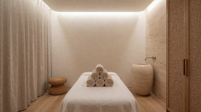 Natural treatment room with cove lighting, massage table and curtain, 3d render