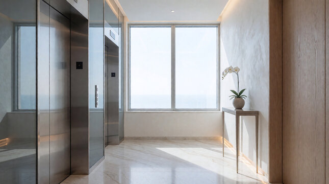 Bright elevator lobby with step lighting, elevator door and potted plant, 3d render