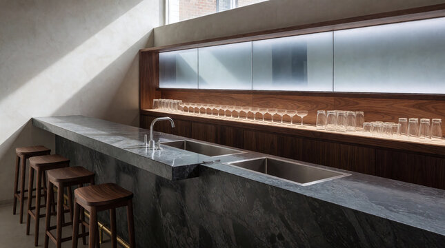 Monochrome bar counter with backlit mirror, countertop and washbasin, 3d render
